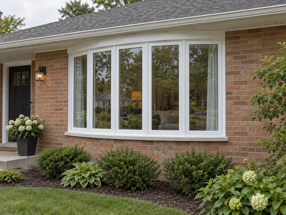 Photorealistic illustration of a five-panel bow window replaced in an existing brick wall opening